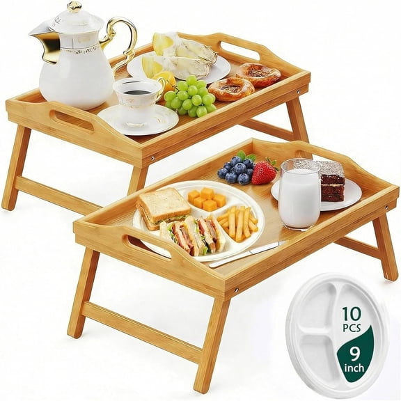 Innovative Life Foldable Breakfast Table 2-Piece Set with 10 Plates,Laptop Tray and Dining Tray for Sofas and Beds