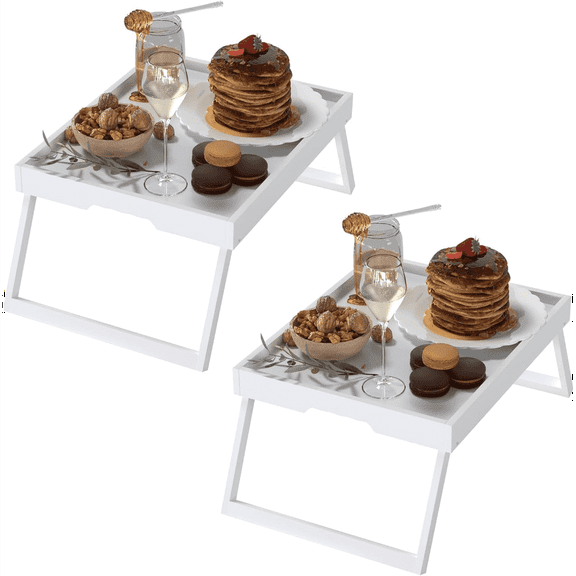 2 Pack Bed Tray Table with Foldable Legs, Bamboo Breakfast Tray for Sofa, Beds, Eating, Working, TV Table, Food, Dinner, Computer Trays, Laptop Desk Snack Folding Trays in Bed, Brown