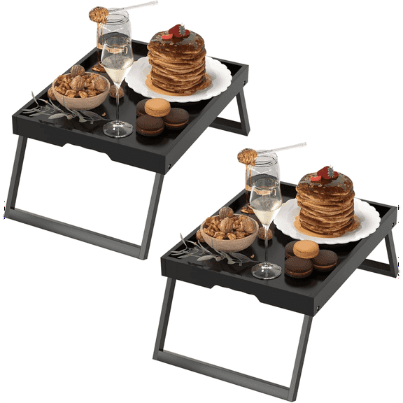 2 Pack Bed Tray Table with Foldable Legs, Bamboo Breakfast Tray for Sofa, Beds, Eating, Working, TV Table, Food, Dinner, Computer Trays, Laptop Desk Snack Folding Trays in Bed, Brown