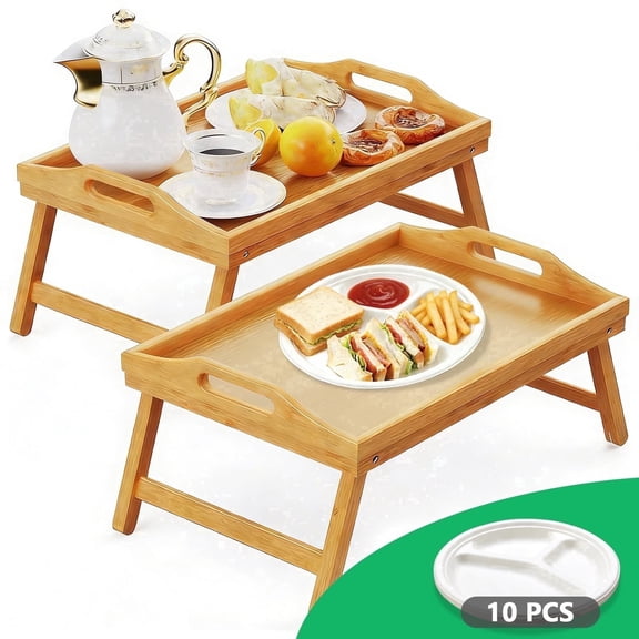 Innovative Life 2 Pack Bed Tray Table with Foldable Legs, Bamboo Breakfast Tray for Sofa, Beds, Eating, Working, TV Table, Food, Dinner, Computer Trays, Laptop Desk Snack Folding Trays in Bed