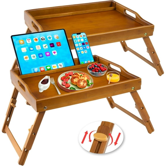 2 Pack Bed Tray Table with Handles Folding Legs, Bamboo Breakfast Food Tray with Media Slot, Use As Platter, Laptop Desk, Snack, TV Tray Kitchen Serving Tray(Brown)