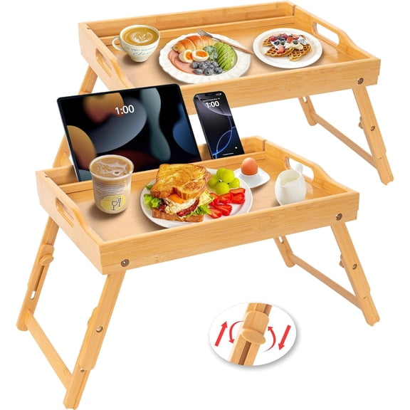 2 Pack Bed Tray Table with Handles Folding Legs, Bamboo Breakfast Food Tray with Media Slot, Use As Platter, Laptop Desk, Snack, TV Tray Kitchen Serving Tray(Natural)