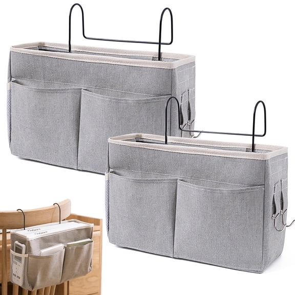 2-Pack Bedside Organizer - Hanging Night Basket & Bed Pocket for Phones/Books/Accessories - Gray Color, Space-Saving - Easy to Attach to Beds