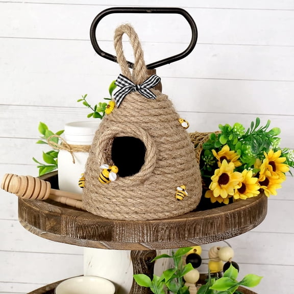 2 Pack Bee Hive Decor with Loop, Mini Beehive Farmhouse Bee Tiered Tray Decor, Spring Summer Shelf Sitter Coffee Bar Kitchen Table Bumble Bee Theme Party Home Decorations