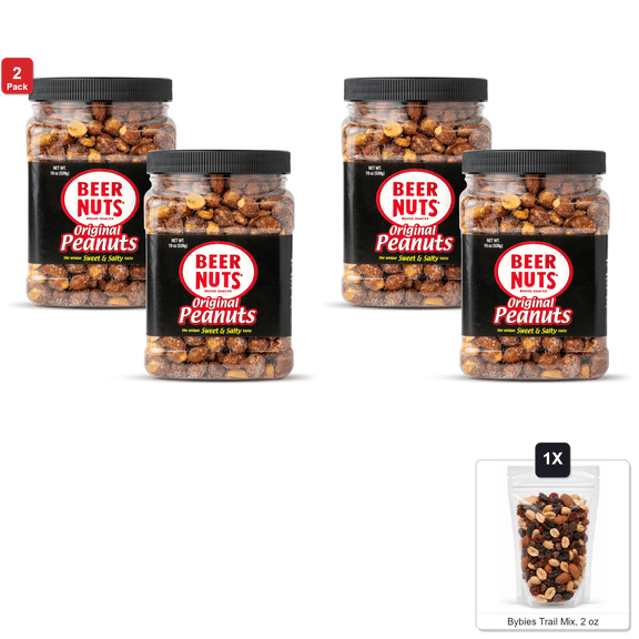 2 Pack | Beer Nuts Original Sweet and Salty Peanuts, 2 Jars x 19 oz Each, with Bybies Trail Mix, 2 oz
