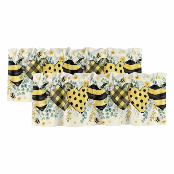 2 Pack Bees Loves Valance for Window Vintage Country Yellow Bee Plaid Dot Love Floral Yellow Kitchen Valance Rod Pocket Short Curtain Topper Decorative Window Treatment for Living Room 42"x12"