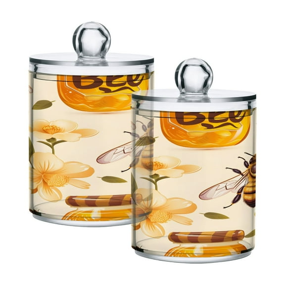 2 Pack Bees and Honey Qtip Holder Dispenser Clear Plastic Storage Apothecary Jars for Cotton Swabs Balls Pads Floss