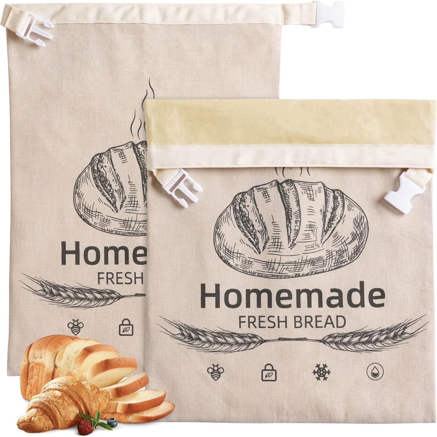 2 Pack Beeswax Bread Bags for Sourdough,Reusable Organic Linen Beeswax Bread Bag for Homemade Sourdough 17 x 12.6 Inches Food Storage Cloth Bag  Freezer-Friendl