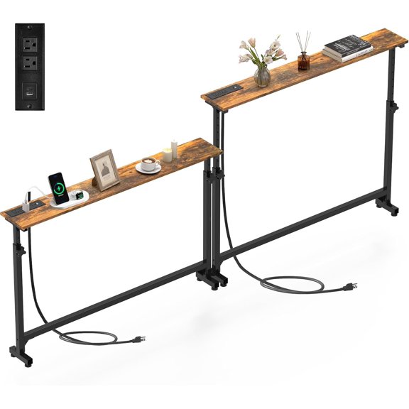 2 Pack Behind Couch Table with  Station, 78.8" Long Narrow Sofa Table, 8-Level Adjustable Height (23.6"-33.5"), Slim Side Table with USB-C & Outlets for Living Room, Rustic Brown