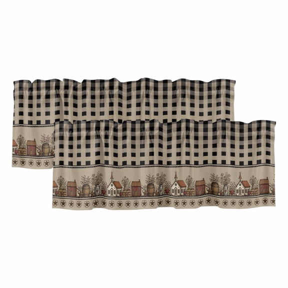 2 Pack Beige Black Buffalo Check Valance for Window Rustic Houses Star Floral Kitchen Valance Rod Pocket Short Curtain Topper Decorative Window Treatment for Living Room Bedroom 42"x12"