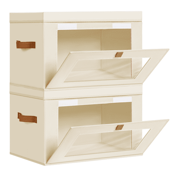 2 Pack Beige Closet Storage Bins with Lids Front Opening Storage Bin Collapsible Fabric Organizer with Clear Window Dual Handles Closet Clothes Blanket Book Storage Box for Home DIMJ