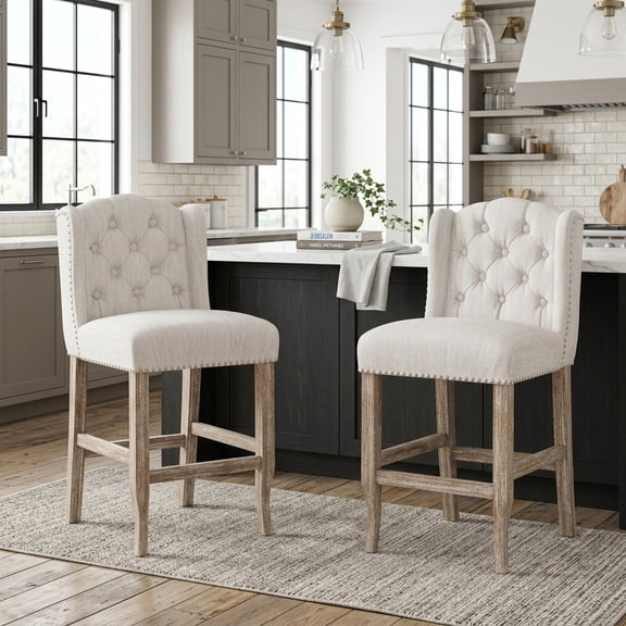 2-Pack Beige Fabric Tufted Wingback Counter Stools with Nailhead Accents