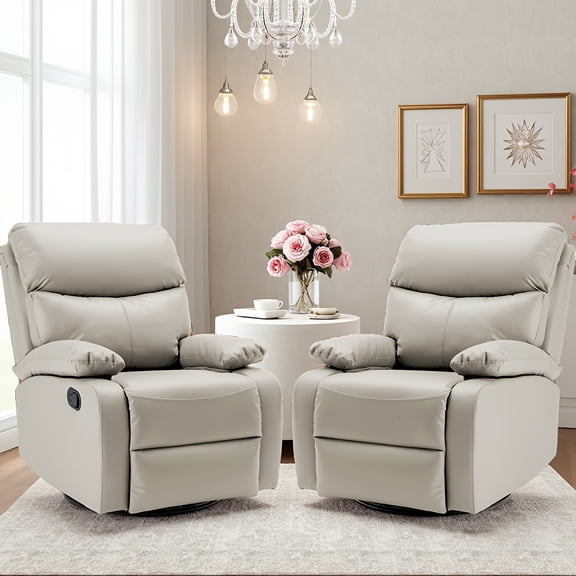 2-Pack Beige Genuine Leather Recliner Chairs, Compact Swivel Rocking Recliners for Living Room, Space-Saving Swivel Rocking Chairs for Home, RV & Modern Living Areas