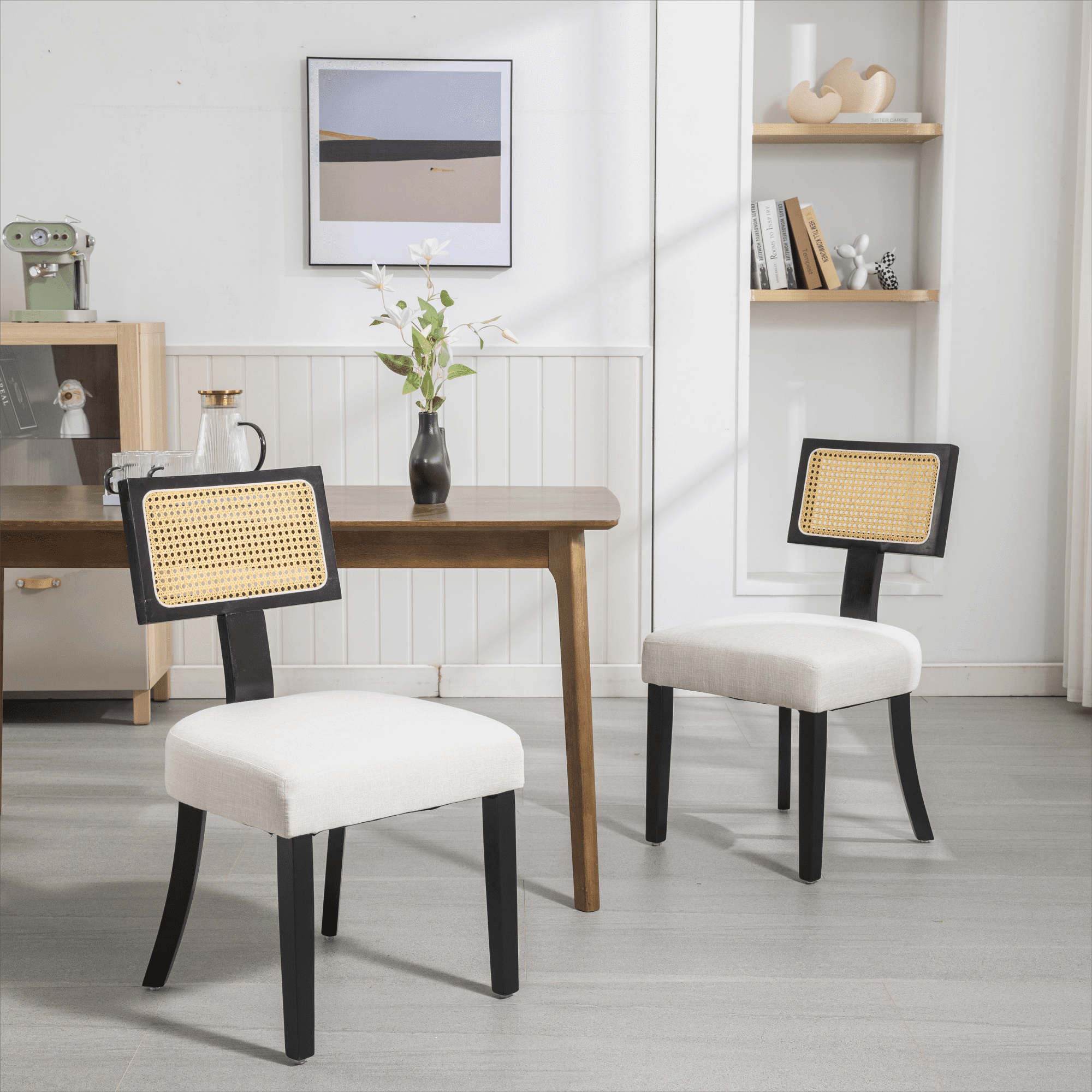 Beige Rattan Linen 2-Pack Beige Linen Fabric T-Back Imitation Rattan Dining Chairs for ...