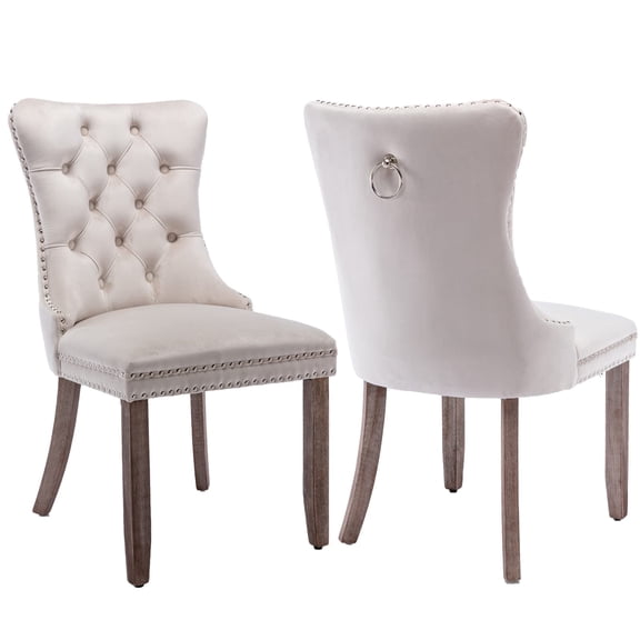 2 Pack Beige Velvet Wingback Dining Chairs, Tufted Button Back with Nailhead Accents, Ergonomic Support for Comfort, Durable Wooden Frame, Ideal for Home Restaurant Cafe