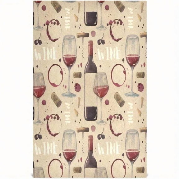 2-Pack Beige Wine Theme Kitchen Towels With Bottle, Glass & Cork Print, Reusable Dish Towels For Bar, Kitchen Or Party Decor