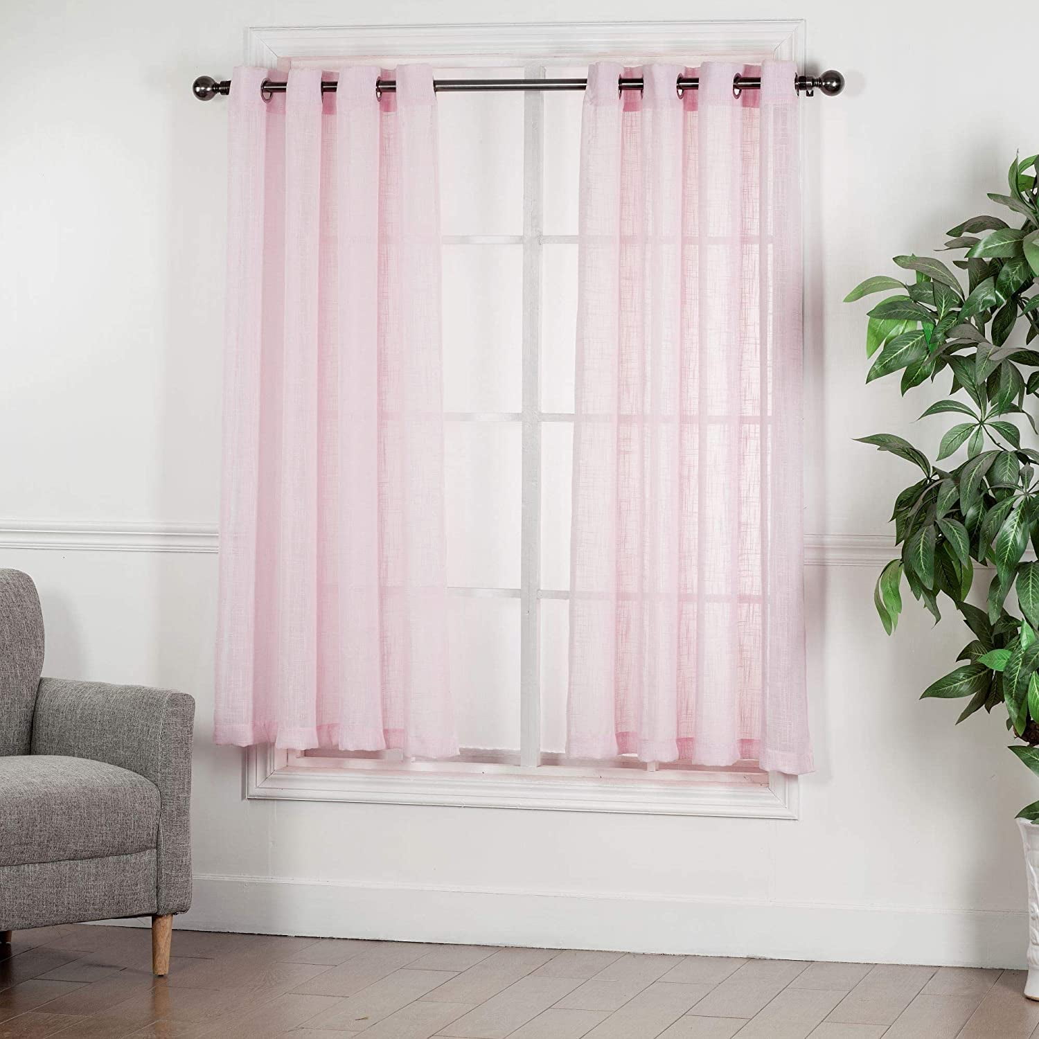 2 Pack Belgian Textured Linen Look Jacquard Sheer Grommet Top Curtain Panel Drape Set (63" Long, Light Pink)