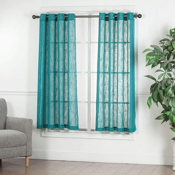2 Pack Belgian Textured Linen Look Jacquard Sheer Grommet Top Curtain Panel Drape Set (63" Long, Teal)