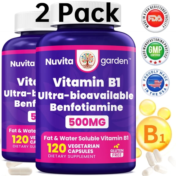 2 Pack Ultra-bioavailable Vitamin B1 with Benfotiamine 500mg, a Fat-Soluble Form of thiamine