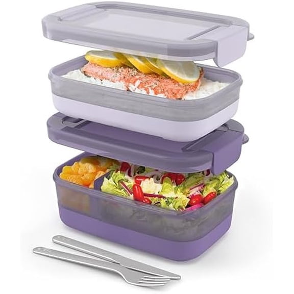 2-Pack Bento Box Lunch Stack Plastic Food Storage Container | Leak-Proof Locking Plastic Lids | Silicone Base | BPA-Free | Freezer Microwave and Dishwasher Safe | Wisteria