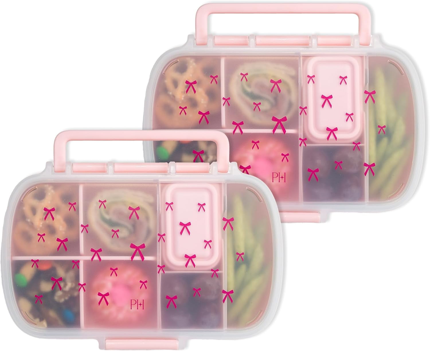2-Pack Bento Style Snack Boxes, 7-Compartment Lunch Containers with Built-In Phone Stand, Removable Dividers and Dip Containers, Pink Bow Print