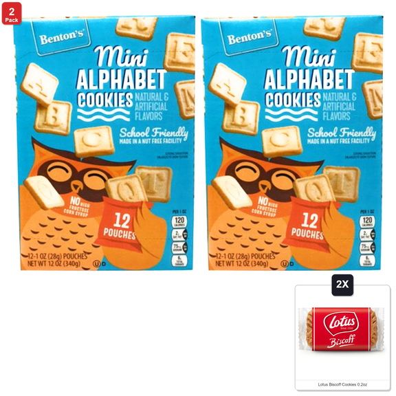 2 Pack | Bentons Mini Alphabet Cookies School Friendly Made In Nut Free Facility - Set Of 2 & 2x Lotus Biscoff Cookies 0.2oz
