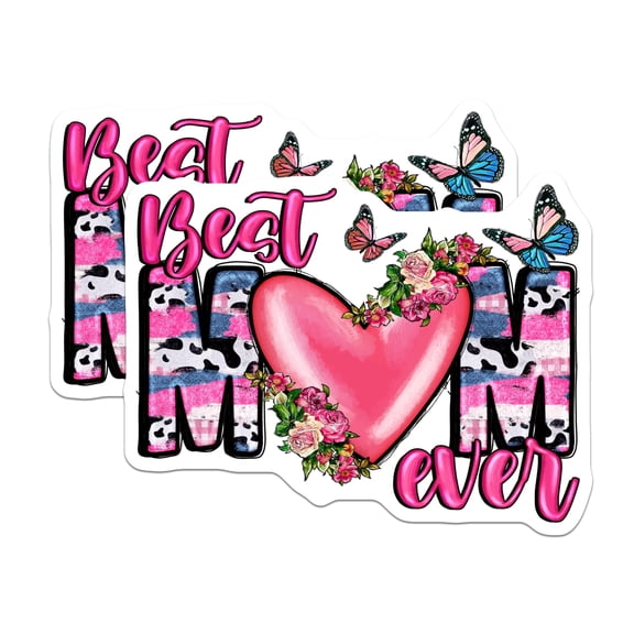 (2 Pack) Best Mom Ever Stickers - Mother's Day Floral - Cow Print Butterfly Mama Design - 5" On Longest Side - Sticks to Smooth Flat Surfaces - Made in USA - BMCS27967