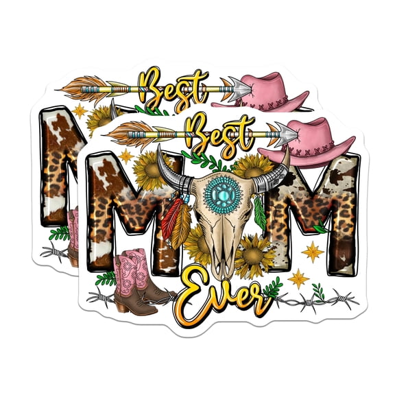 (2 Pack) Best Mom Ever Stickers - Western Mama Cowgirl Skull - Boho Rodeo Country Life Decals - 5" On Longest Side - Sticks to Smooth Flat Surfaces - Made in USA - BMCS29821