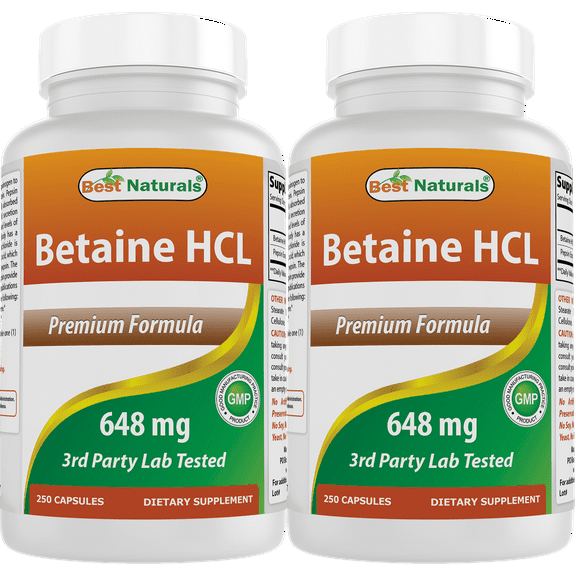 2 Pack Best Naturals Betaine HCL 648 mg 250 Capsules