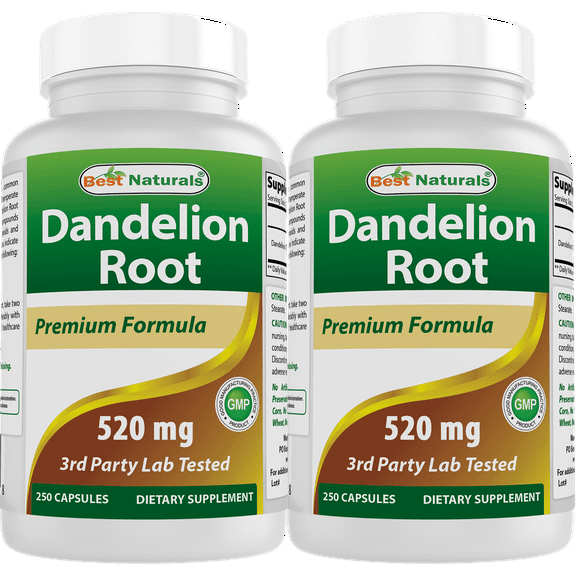 2 Pack Best Naturals Dandelion Root 520 mg 250 Capsules