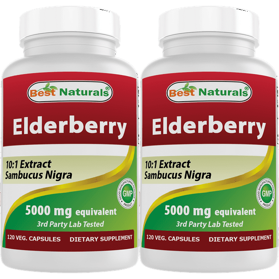 2 Pack Best Naturals Elderberry Sambucus Nigra 5000mg Equivalent 120 Vegetarian Capsules