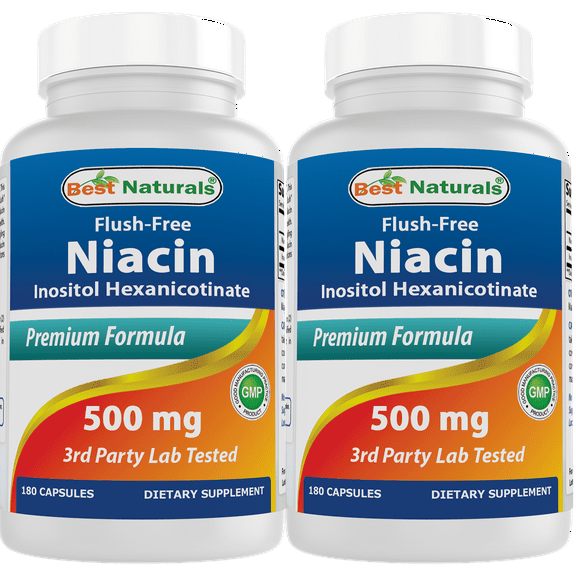 2 Pack Best Naturals Flush Free Niacin 500 mg 180 Capsules