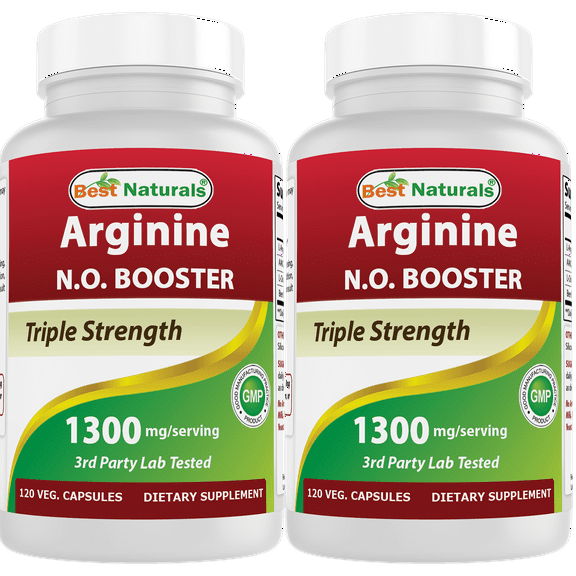2 Pack Best Naturals L-Arginine 1300 mg 120 Vegetarian Capsules | NO Booster Triple Strength