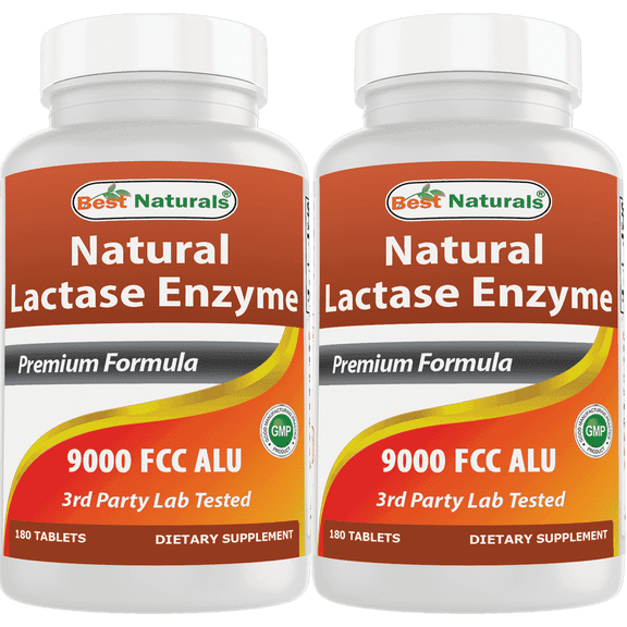 Best Naturals Lactase Enzyme 9000 FCC 2 Pack - 180 Tablets, Gluten-Free, Dairy Discomfort