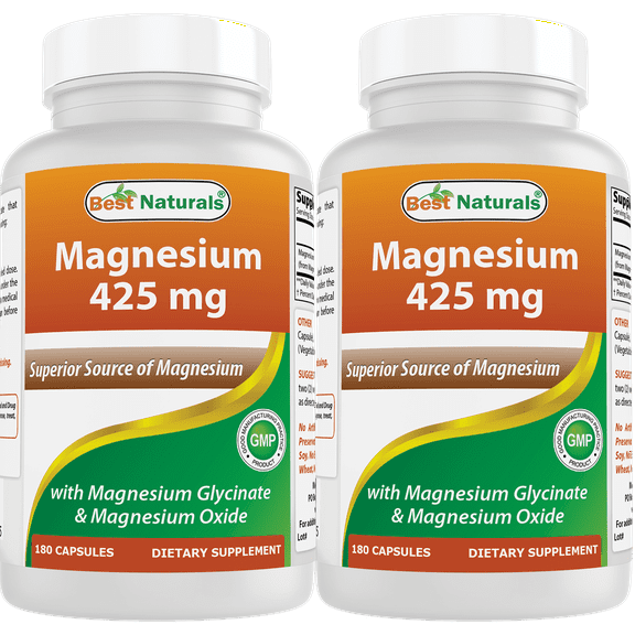 2 Pack Best Naturals Magnesium Glycinate 425 mg 180 Vegetarian Capsules | High Absorption Magnesium Glycinate & Magnesium Oxide Chelated, Non-GMO, Gluten Free Muscle Relax