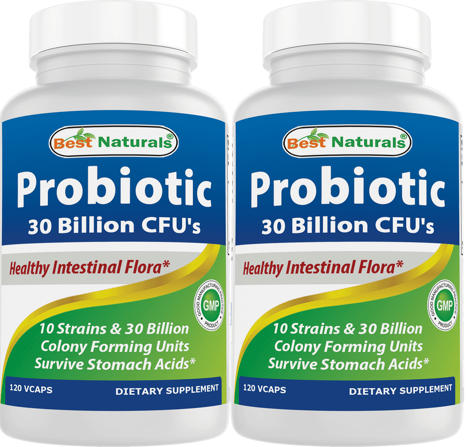 2 Pack Best Naturals Probiotic 10 Strains & 30 Billion CFU Intestinal Flora 120 Vegetarian Capsules | Shelf Stable probiotic
