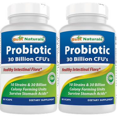 2 Pack Best Naturals Probiotic 10 Strains & 30 Billion CFU Intestinal Flora 60 Vegetarian Capsules | Shelf Stable probiotic