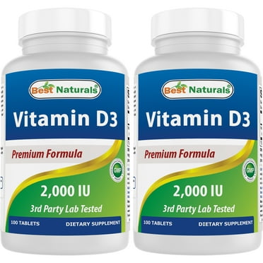 2 Pack Best Naturals Vitamin D3 Supplement 50 mcg (2,000 IU) 100 Tablets | Support Immune Health, Strong Bones and Teeth, & Muscle Function