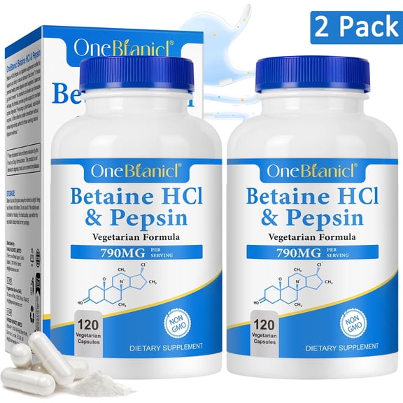2 Pack Betaine HCl with Pepsin, Digestive Vegetarian Supplement, Gentle Support, 120 Capsules