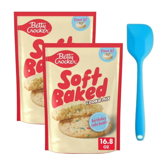 (2 Pack) Betty Crocker Soft Baked Cookie Mix, Birthday Cake Batter Flavored, 16.8 oz with Spatula