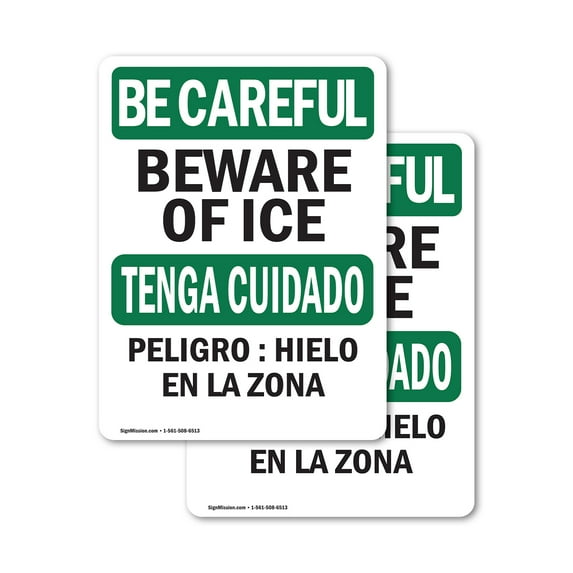 (2 Pack) Beware Of Ice Bilingual OSHA Be Careful Sign 12 Inch X 18 Inch Vinyl Label Decal Sticker Weather Resistant, UV Protected for Workplace, Business, and Construction Site, Made in