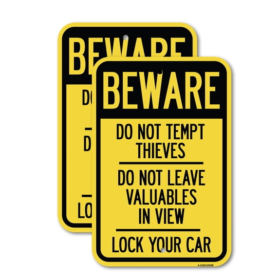 (2 Pack) Beware Do Not Tempt Thieves - Do Not Leave Valuables in View - Lock Your Car | 18" X 24" Heavy-Gauge Aluminum Sign | Rust Free Aluminum, Weather Resistant, Waterproof, Fade