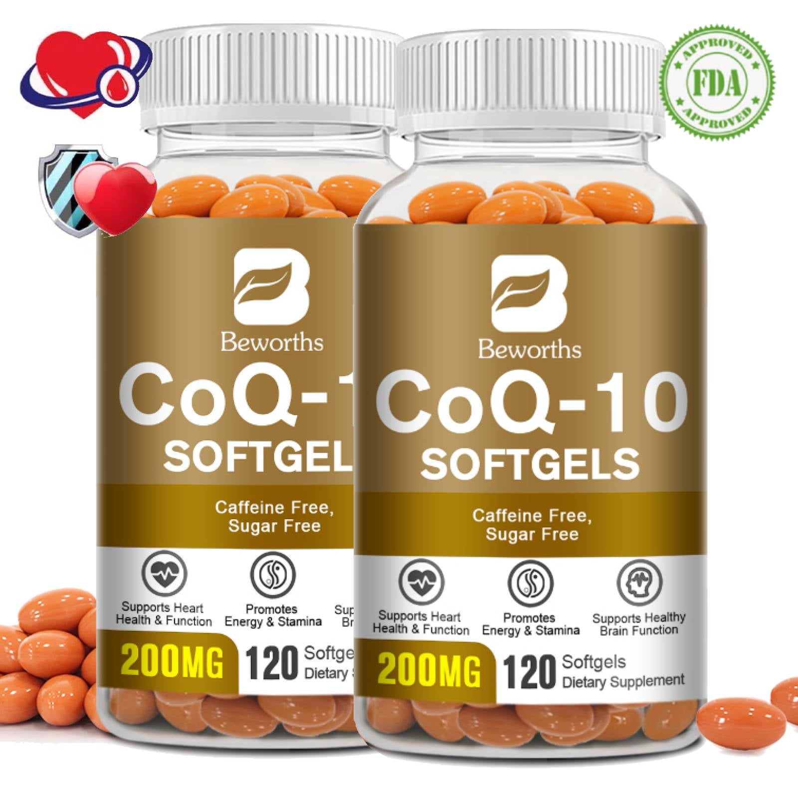 (2 Pack) Beworths CoQ10 200 mg Softgels Support Heart Health Supplement ,Vegetarian,120 Ct