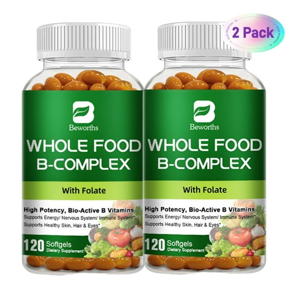 (2 Pack) Beworths Super B Complex Vitamin - Whole Food Supplement B1, B2, B3, B5, B6, B7, B9, B12 - Support for Energy and Immune Support - 240 Capsules Total