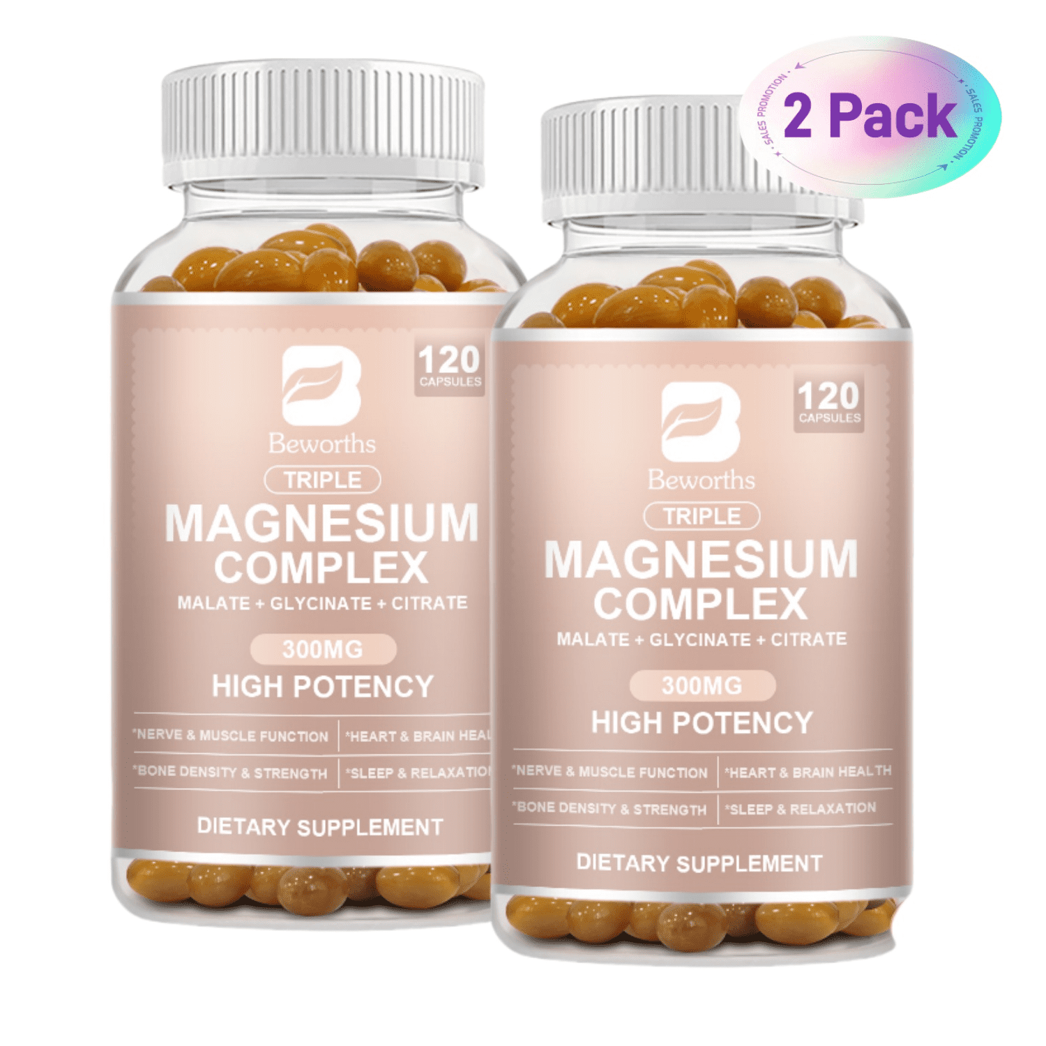 (2 Pack) Beworths Triple Magnesium Complex Capsules - 300mg of Magnesium Glycinate, Malate & Citrate for Muscles, Sleep, Calm, & Energy - 240 Capsules