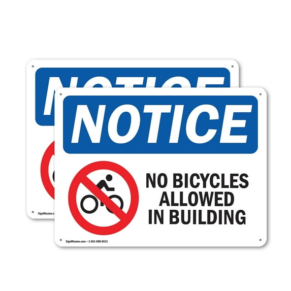(2 Pack) No Bicycles Allowed In Building OSHA Notice Sign 18 Inch X 12 Inch Indoor / Outdoor Rust-Free Aluminum Metal Signs for Workplace, Workshop, and Construction Site, Made in the