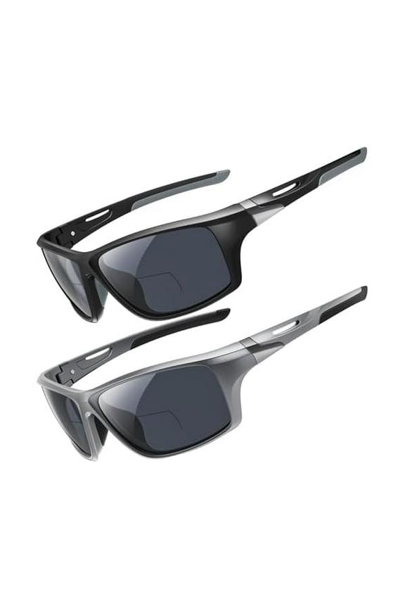 2 Pack Bifocal Reading Sunglasses Men Wrap Around Sports Sun Readers Outdoor Clear Top Soft Nose Pads PC Frame UV400