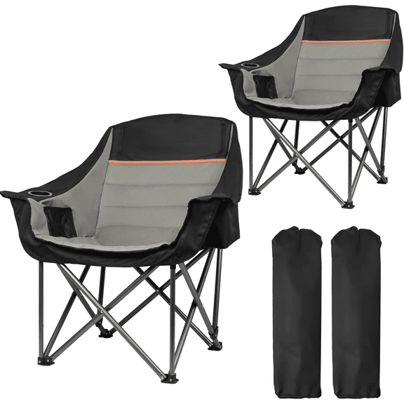 2 Pack Big Heavy Duty Camping Chairs with Cooler Bags, XL Fully Padded Folding Portable Camping Chairs for Adults, Oversized Outdoor Patio Lawn Chair with Arm Cup Holder Supports 450lbs