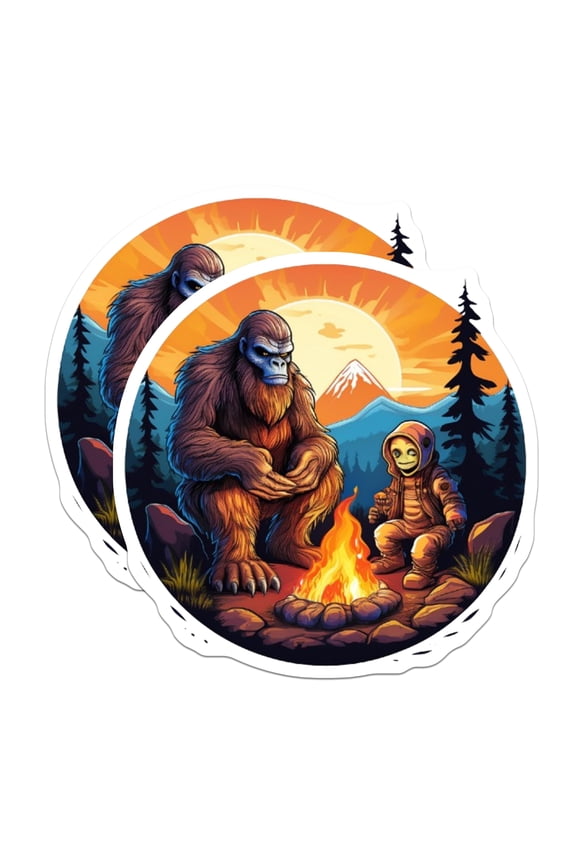(2 Pack) Bigfoot Alien Campfire Magnets - Sasquatch Extraterrestrial Art Decor - Wilderness Camping Scene - 5 Inches On Longest Side - Thick Durable Magnet - Made in USA - MAG22912