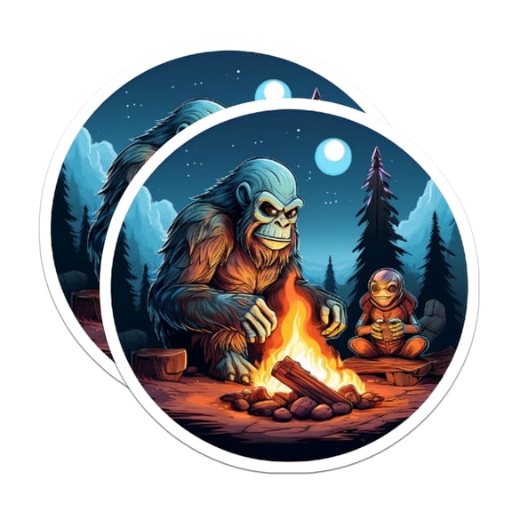(2 Pack) Bigfoot Alien Magnets - Campfire Night Scene - Cryptid Forest Art - 5 Inches On Longest Side - Thick Durable Magnet - Made in USA - MAG22418